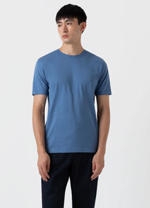 Model wearing Sunspel - Classic Crew Neck T-Shirt in Bluestone 2.