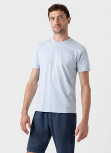 Model wearing Sunspel - Riviera Organic Crew Neck S/S T-Shirt in Pastel Blue Melange.