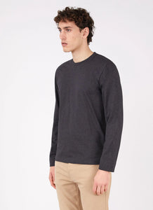 Model wearing Sunspel - Riviera LS Crew Neck T-shirt in Charcoal Melange.