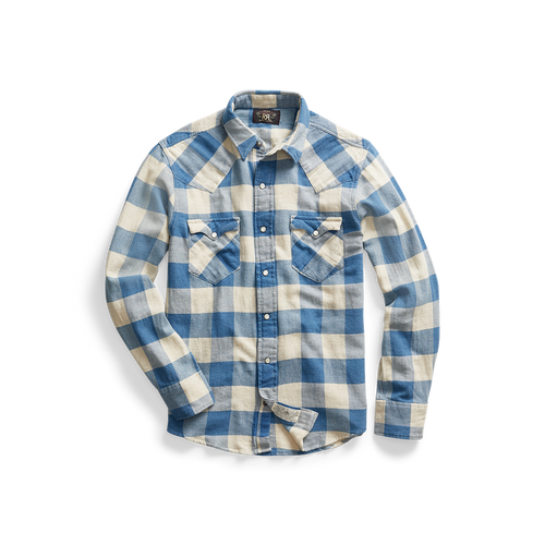 RRL - Long-sleeve Twill Plaid Buffalo Western Style Workshirt in Indigo.