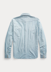 Back of RRL slim fit chambray western shirt in Davey Wash.