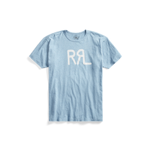 Load image into Gallery viewer, RRL - Short-Sleeve Ranch Brand Logo Cotton Jersey Crewneck Tee Shirt in Heather Blue.
