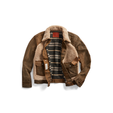 Load image into Gallery viewer, RRL - Denim Grizzly Trucker Jacket with Shearling Front &amp; Collar in Distressed Brown Wash.
