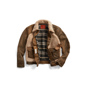 RRL - Denim Grizzly Trucker Jacket with Shearling Front & Collar in Distressed Brown Wash.