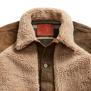 RRL - Denim Grizzly Trucker Jacket with Shearling Front & Collar in Distressed Brown Wash.
