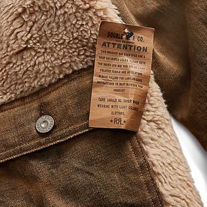 RRL - Denim Grizzly Trucker Jacket with Shearling Front & Collar in Distressed Brown Wash.