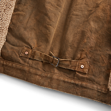 Load image into Gallery viewer, RRL - Denim Grizzly Trucker Jacket with Shearling Front &amp; Collar in Distressed Brown Wash.
