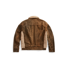 Load image into Gallery viewer, RRL - Denim Grizzly Trucker Jacket with Shearling Front &amp; Collar in Distressed Brown Wash - back.
