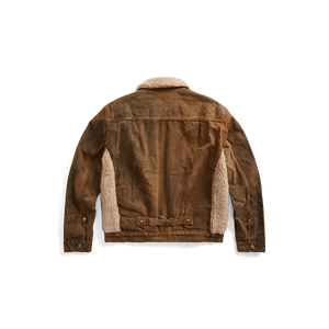 RRL - Denim Grizzly Trucker Jacket with Shearling Front & Collar in Distressed Brown Wash - back.