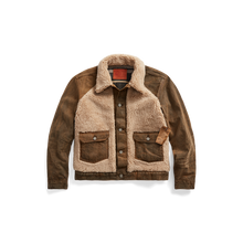 Load image into Gallery viewer, RRL - Denim Grizzly Trucker Jacket with Shearling Front &amp; Collar in Distressed Brown Wash.
