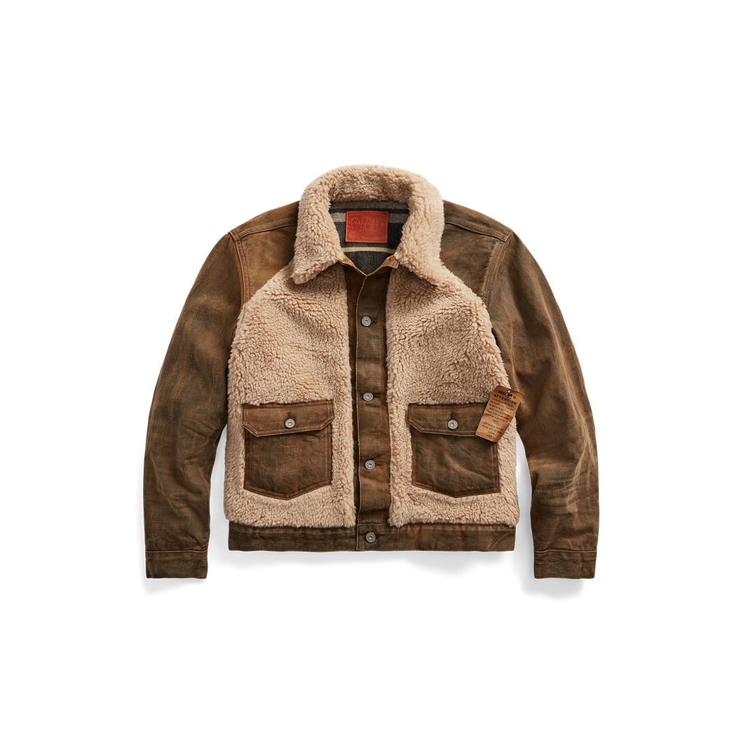 RRL - Denim Grizzly Trucker Jacket with Shearling Front & Collar in Distressed Brown Wash.