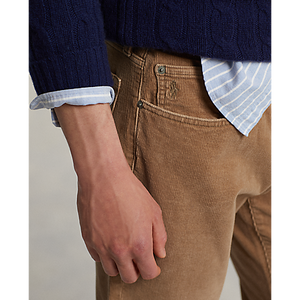 Model wearing Polo Ralph Lauren - Varick Slim Straight Stretch Corduroy 5-Pocket Pant in Vintage Tan.