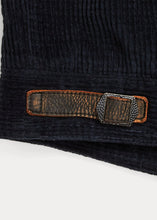 Load image into Gallery viewer, RRL - Appliqued RRL Logo Corduroy Leather-Sleeve Varsity Jacket in Black/Deep Navy.
