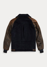 Load image into Gallery viewer, RRL - Appliqued RRL Logo Corduroy Leather-Sleeve Varsity Jacket in Black/Deep Navy - back.
