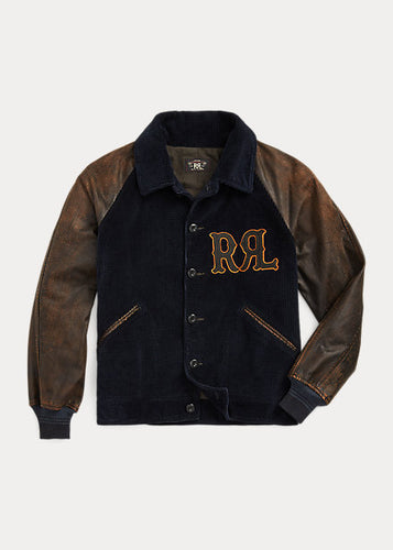 RRL - Appliqued RRL Logo Corduroy Leather-Sleeve Varsity Jacket in Black/Deep Navy.