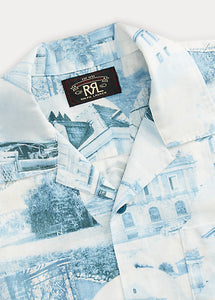 RRL - Postcard-Printed Linen-Cotton S/S Camp Shirt in Cream/Blue.