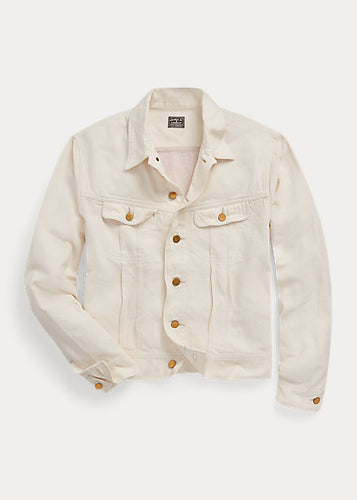 RRL - Paneled Denim Trucker Jacket in Stone Multi.