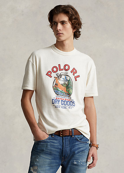 Model wearing POLO Ralph Lauren - Classic Fit Logo Jersey T-Shirt in Nevis (white).